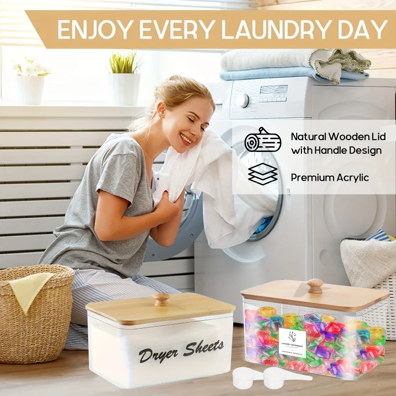

Acrylic Dryer Sheet Holder with Bamboo Lid, Laundry Room Dispenser Jar, Home Laundry Storage & Organization Container