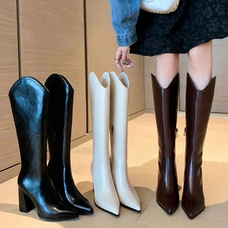 PU Leather Long Boots Women Fashion V-port Pointed Toe Knee High Boots Ladies Sexy Chunky High Heel Shoes