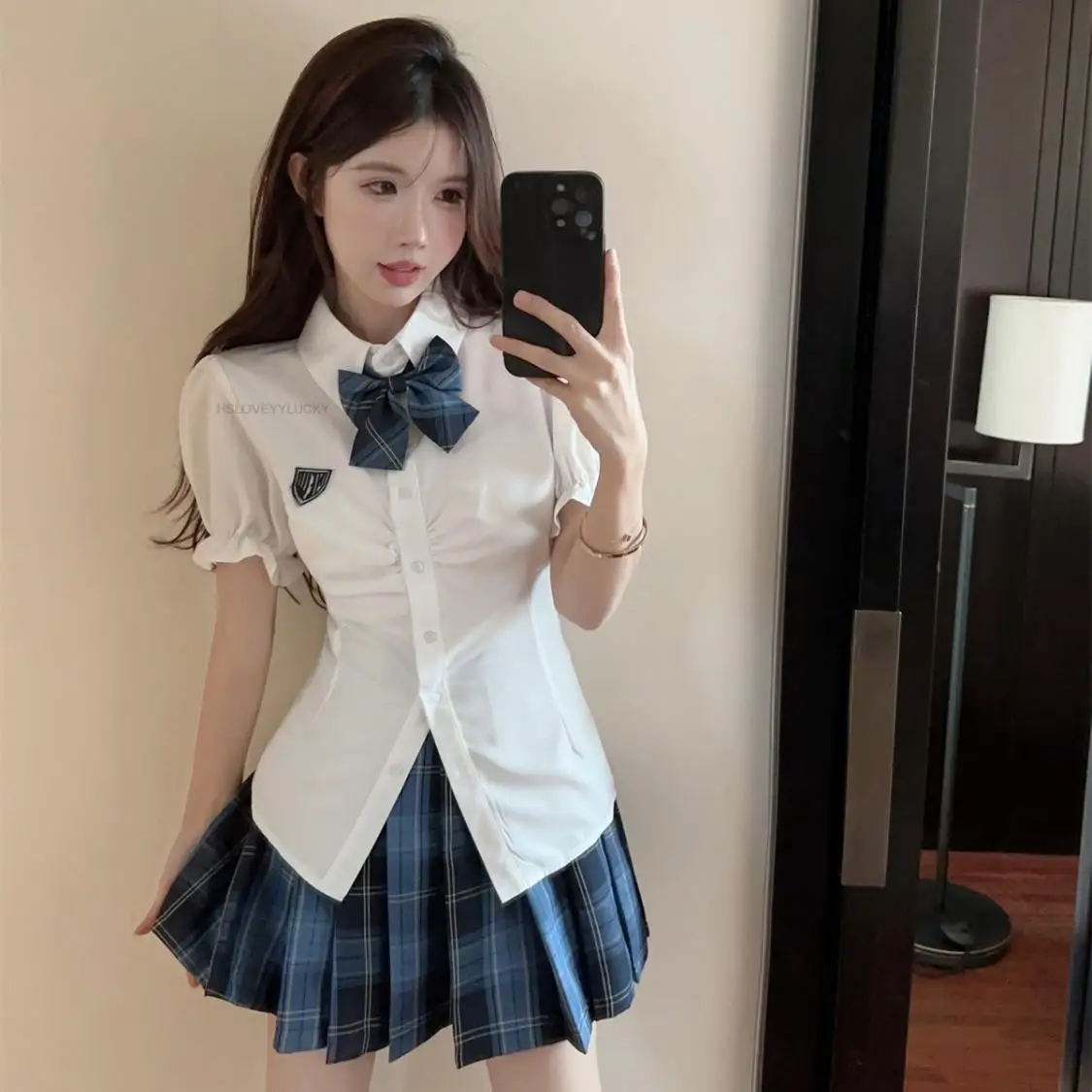 Conjunto de saia plissada xadrez azul de manga curta feminina, uniforme Jk melhorado, camisa de faculdade, estilo japonês e coreano, gostosa Y2k