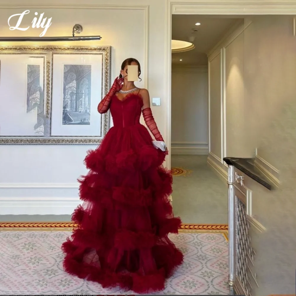 

Lily Red Elegant Prom Dresses Sweetheart A-Line Straps Party Dress Multi-Layers Tulle Gorgeous Evening Gown for Woman Customized