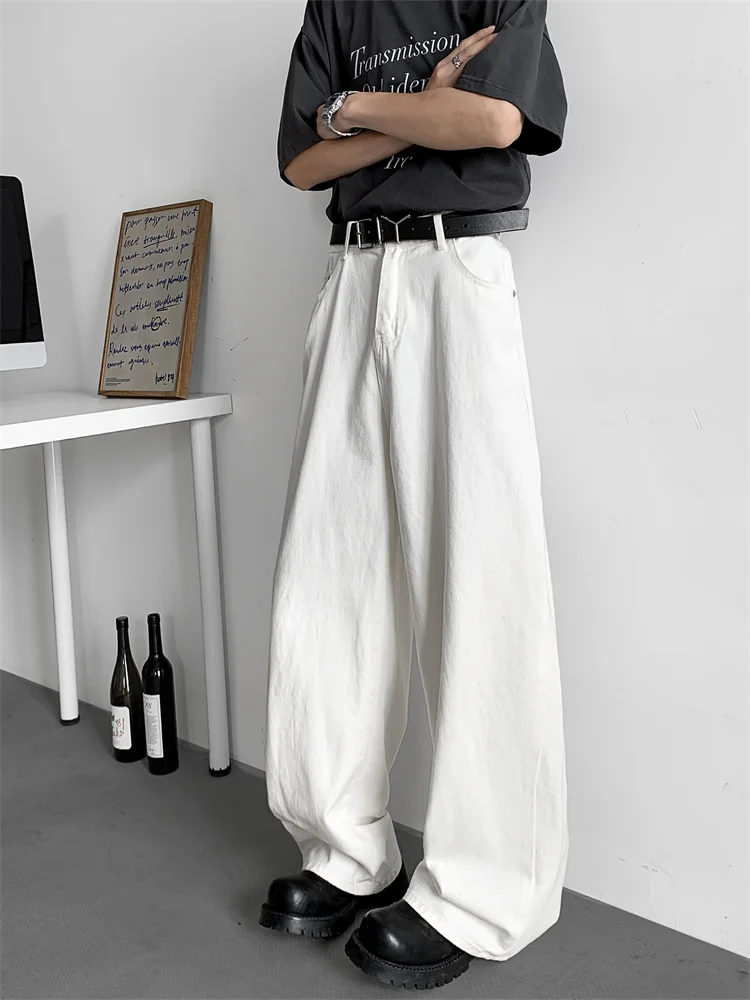 

White Loose Fit Men's Jeans Straight Leg Casual Trousers American Style Washed Cotton Blend Summer Fashion Trend