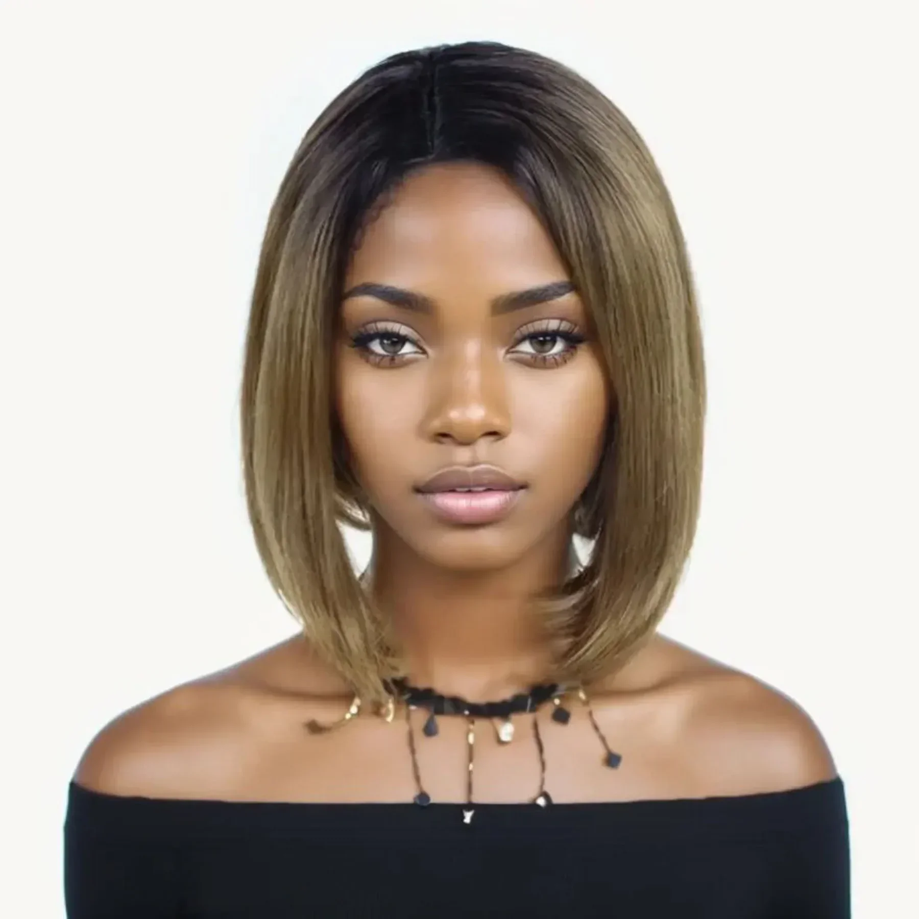 Wig Bob rambut sintetis untuk wanita Wig pendek rambut palsu ibu warna Ombre coklat dengan poni samping rambut lurus serat tahan panas