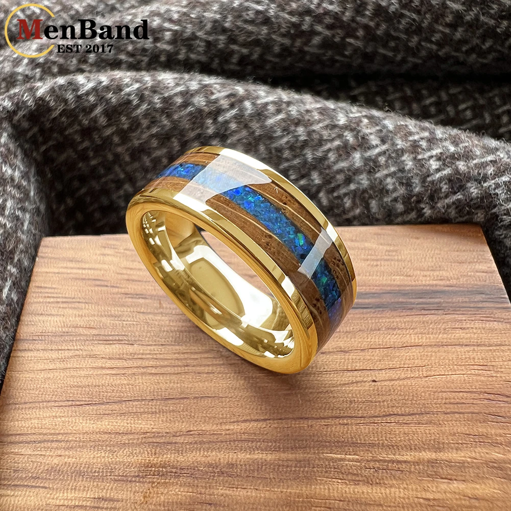MenBand 8mm Blue Opal Whisky Barrel Wood Inlay Gold Tungsten Ring for Men Women Fasion Wedding Band Comfort Fit