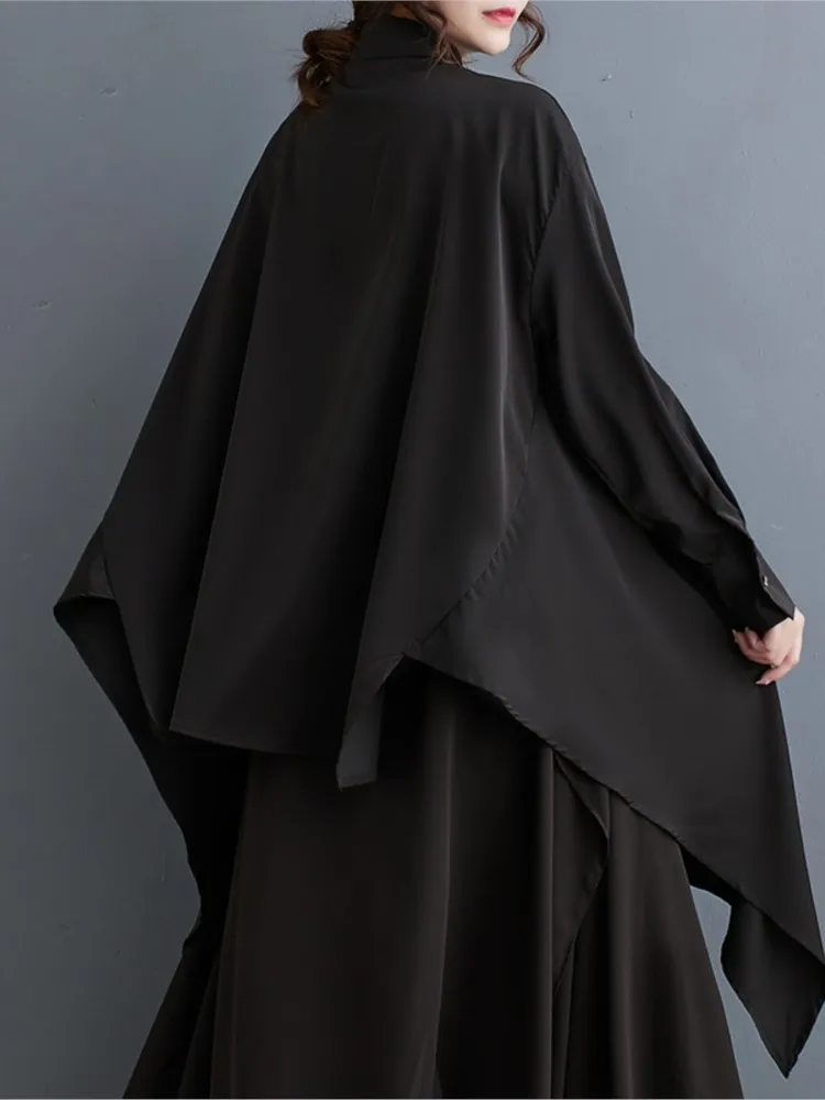 오버사이즈 스프링 프린트 투피스 세트 여성용 비대칭 모디스 긴팔 블라우스 루즈 캐주얼 와이드 레그 팬츠