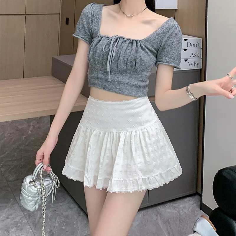 Mini Gonne Donna Pieghettato Patchwork di pizzo Estate Moda coreana Vita alta All-match A-line Solid Fairy Semplice Faldas Y2k Chic