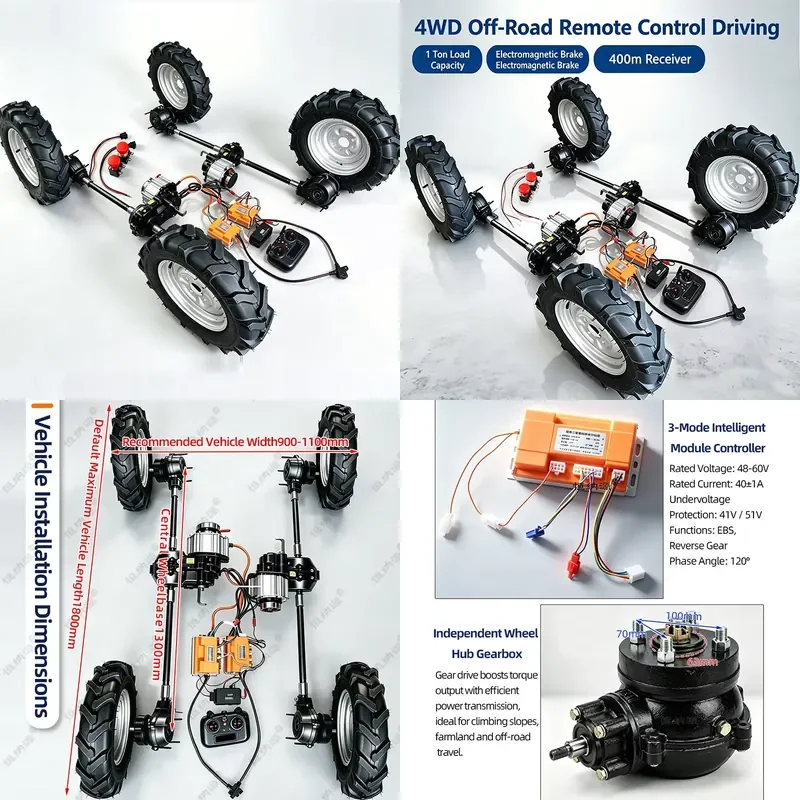 For 1T 48V 1000W Electric Vehicle Front Rear Axle Electromagnetic Brake Off-road RC 4WD Chassis Kit High Power Remote Control