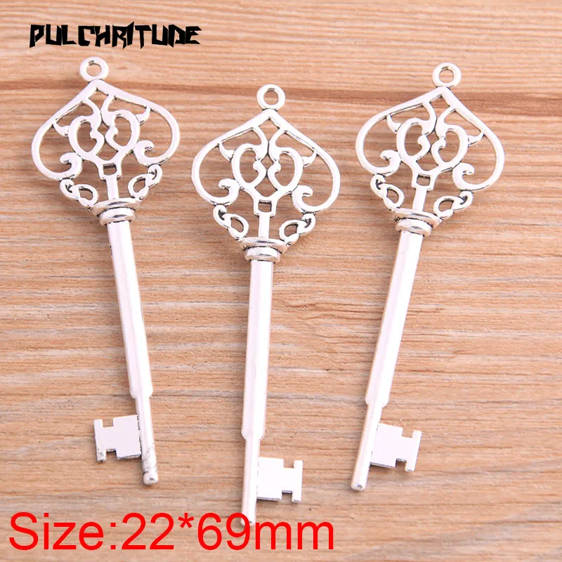 6pcs 22*69mm Two Color Hollow Key Charms Pendants Handmade Decoration Vintage For DIY Jewelry Making Findings