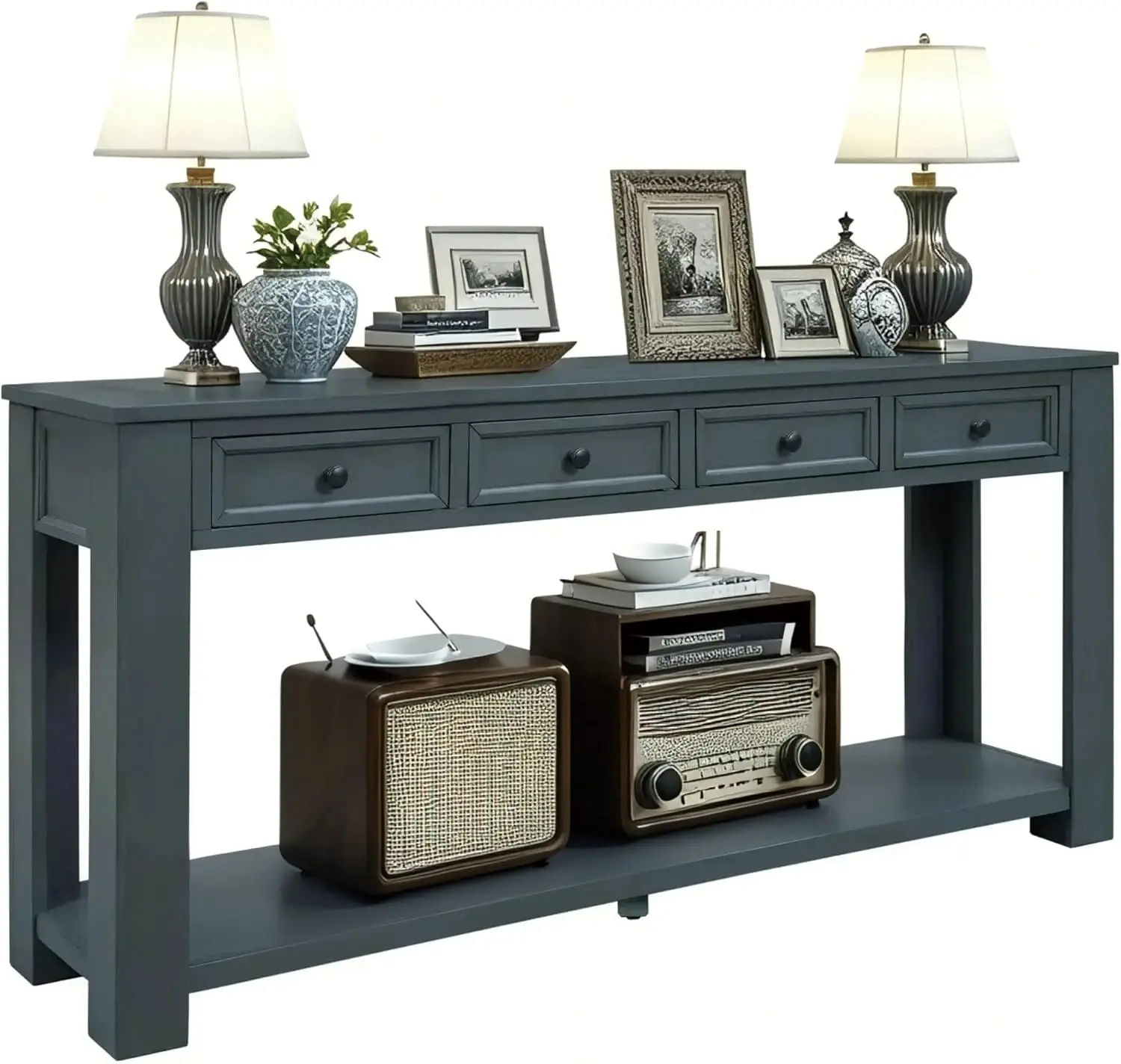 

Solid Wood Console Table, Long Sofa Table Entryway Table with 4 Drawers and Bottom Shelf for Hallway Living Room Couch Ta