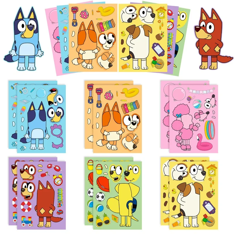 6/12/18Pcs Bluey Anime Cartoon Dog Puzzle Stickers Cute Children DIY Color Puzzle Education Stickers Kids Funny Toys Gift