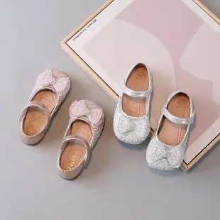 2024 Girls Princess Rhinestone Dress Single Shoes Children's Leather Shoes Silver Soft Sole Crystal Show Single Shoes