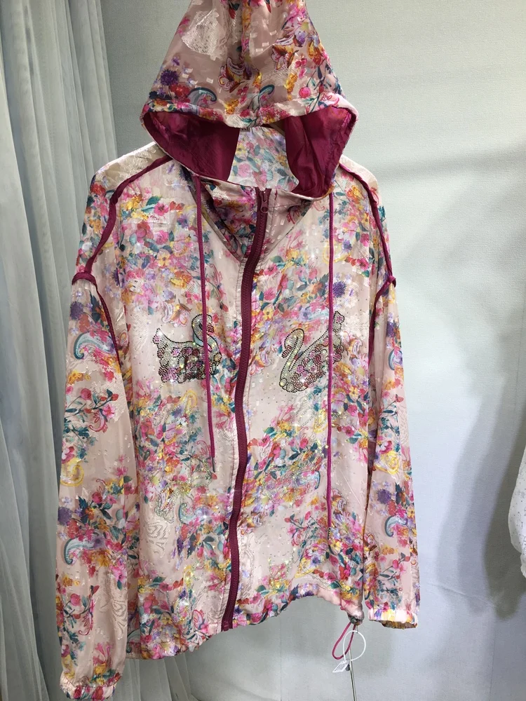Women Zip Air Conditioning Top High Quality Hot Drill Floral Sunscreen Shirt Spring Summer Thin Hooded Cardigans Coat