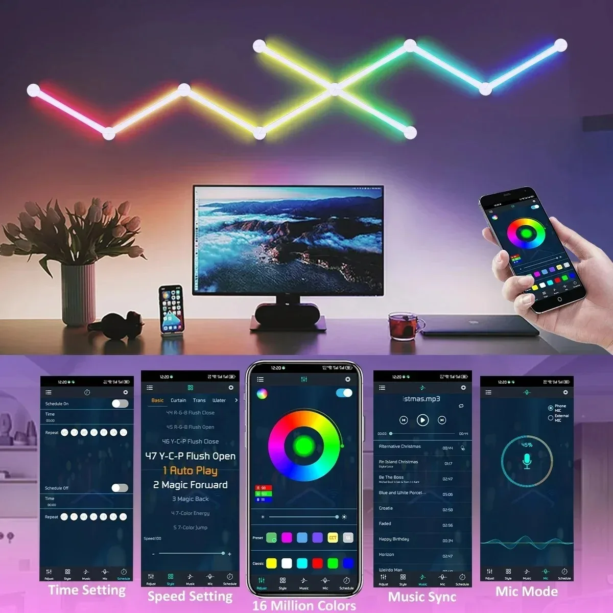 Smart  LED Wall Lamp USB DIY Atmosphere Night Light RGB Light Bar Music Rhythm Backlight for Bedroom Game Room Decor