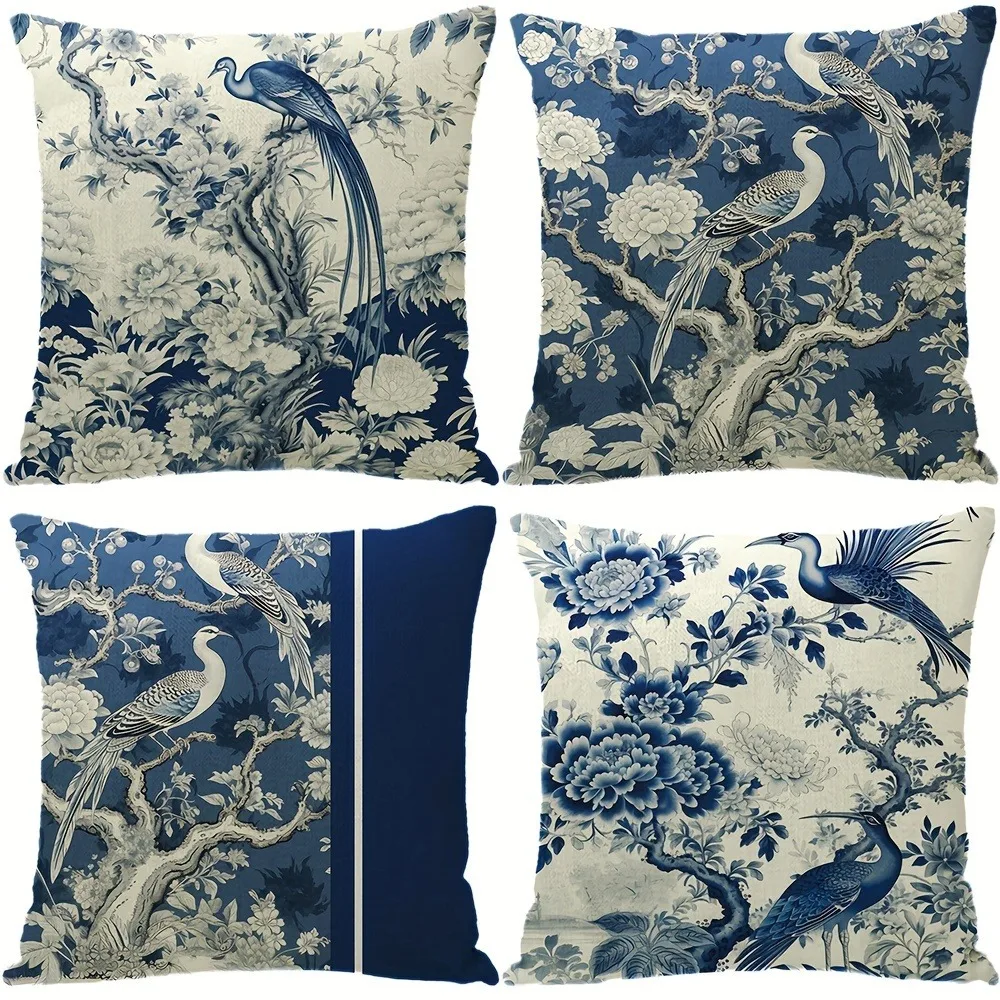 Home Decor Blue and White Peacock and Floral Printed Pattern Cushion Cover Suitable for Sofa Bedroom Car Pillow Cover