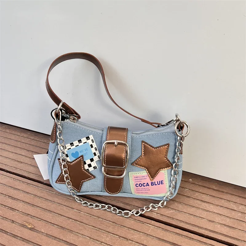 Cute Star trendy denim shoulder belt handbag decoration contrasting colors fashion designer underarm bag women new small wallet