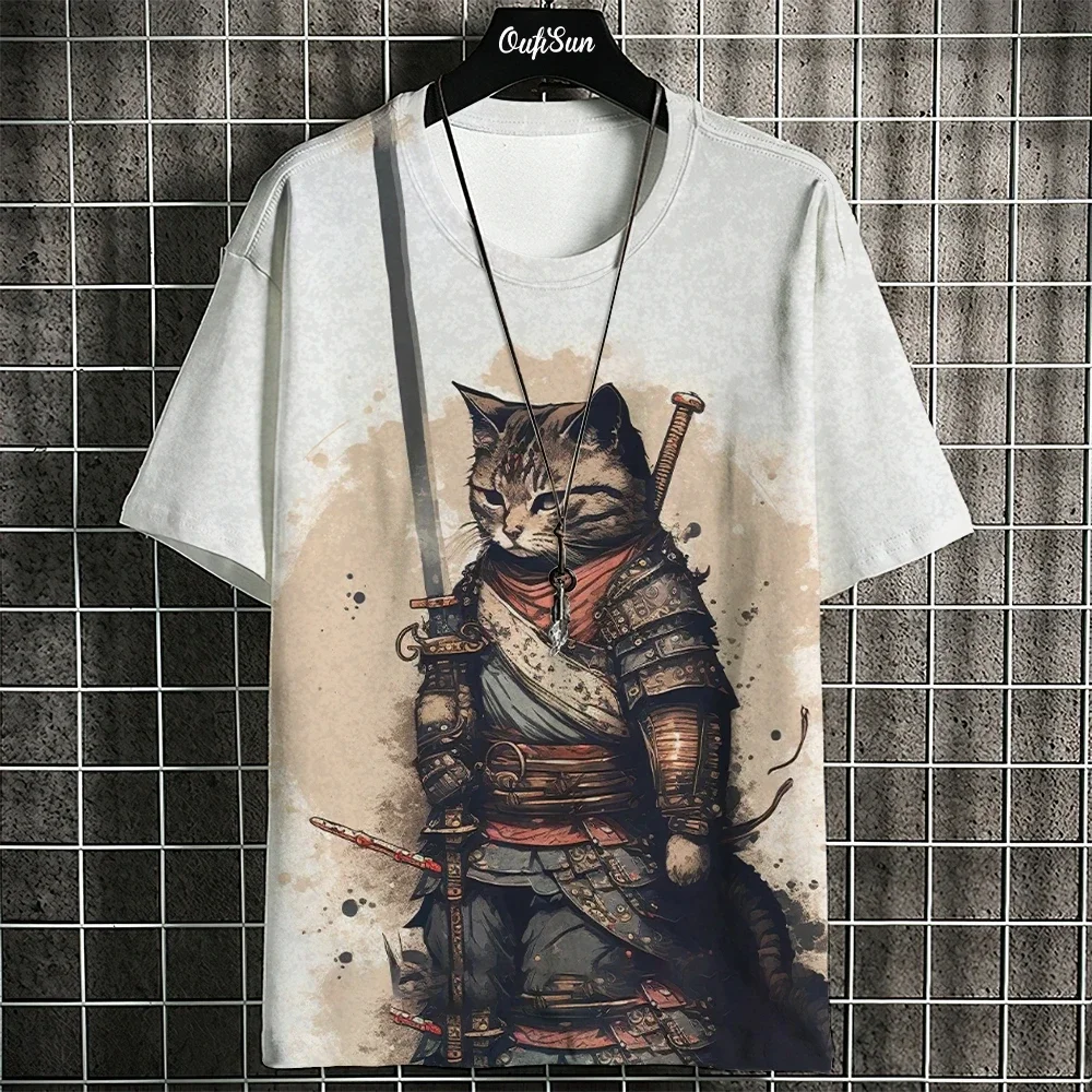 2024 Cartoon Warrior Cat Pattern Men's T-shirt 3D Printed Funny Fashion Men's Clothing Solid Color Simple Casual Short Sleeve