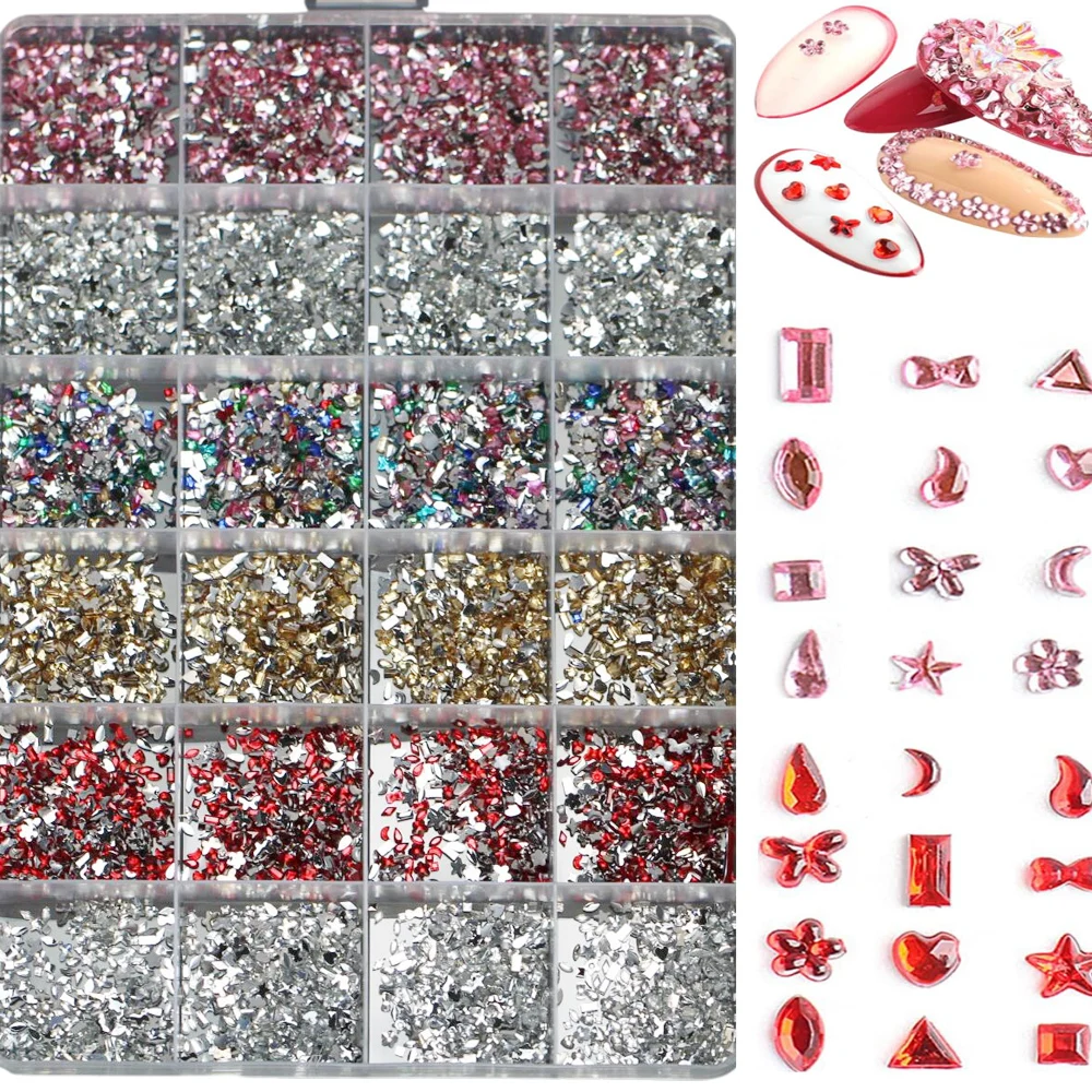 24 Gitter, gemischte Form, Nagelkunst-Strasssteine, Herz/Blume/Schmetterling/Mond/Stern/Schleife, Nagel-Charms, bunte Mini-Diamanten, Maniküre-Teile