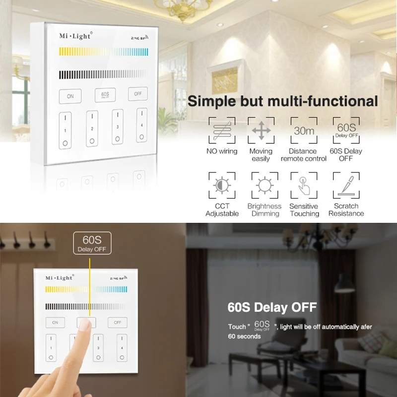 Miboxer B2 2.4G 4-strefowy 86, panel dotykowy, regulacja jasności, wyłącznik czasowy, temperatura barwowa/podwójny biały do lamp LED/sterownik