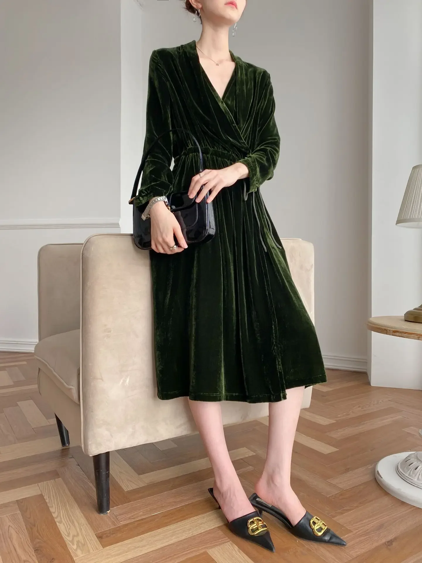 2024 Vintage Dress Woman 100% Silk Elegant Dresses For Women Midi Dress Female V-neck Spring Autumn Clothes Vestidos Pph3378
