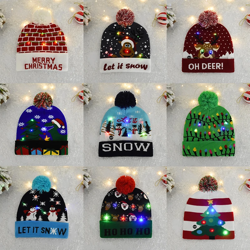 

LED Christmas Hat Creative Flashing Led Light Knitted Hat Cartoon Patteren Merry Christmas Decor For Kids New Year 2024 Supplies