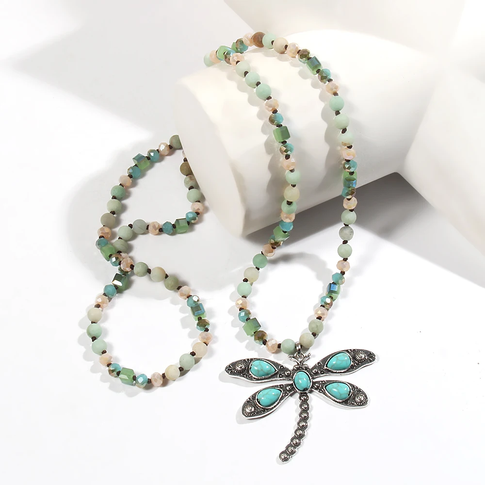 

Western fashion women's jewelry 6mm natural stone glass knot necklace Turquoise metal dragonfly pendant necklace sweater chain