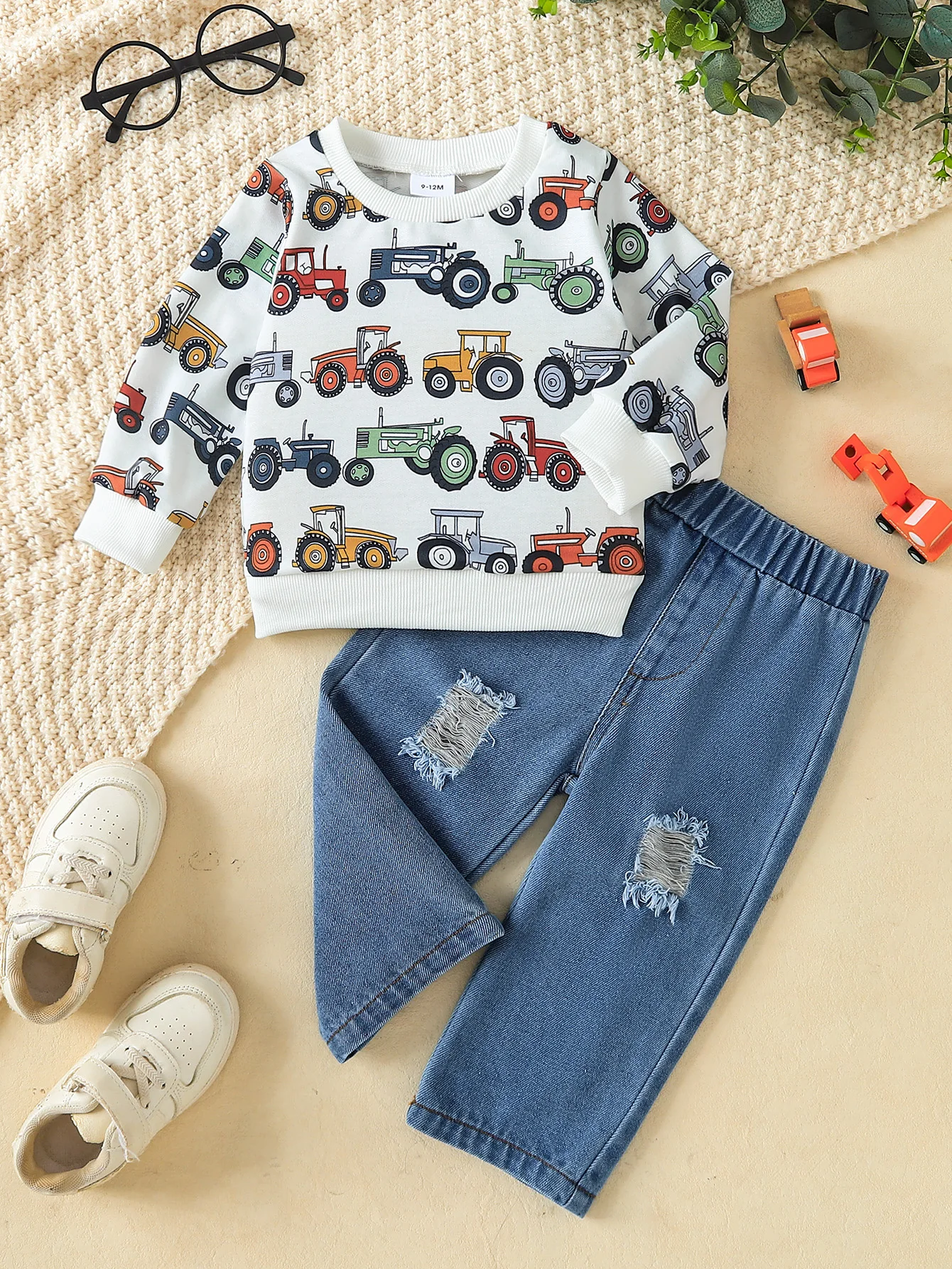 Toddler Boys 6M-4Y Tractor Print Long Sleeve Sweatshirt & Ripped Denim Pants 2Pcs Casual Outfit Kids Autumn Clothing Set