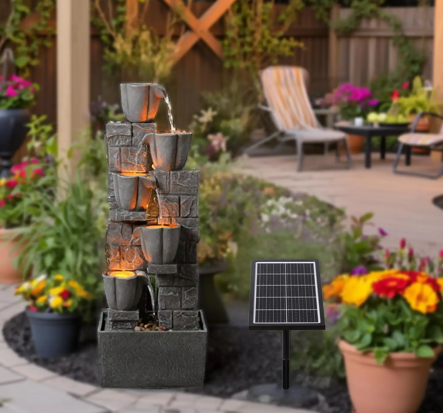 36.2'' Tall r Powered 4 Tiers Water Fountain, Floor-Standing Tulip Design Outdoor Waterfall Fountain, Natural Cascading