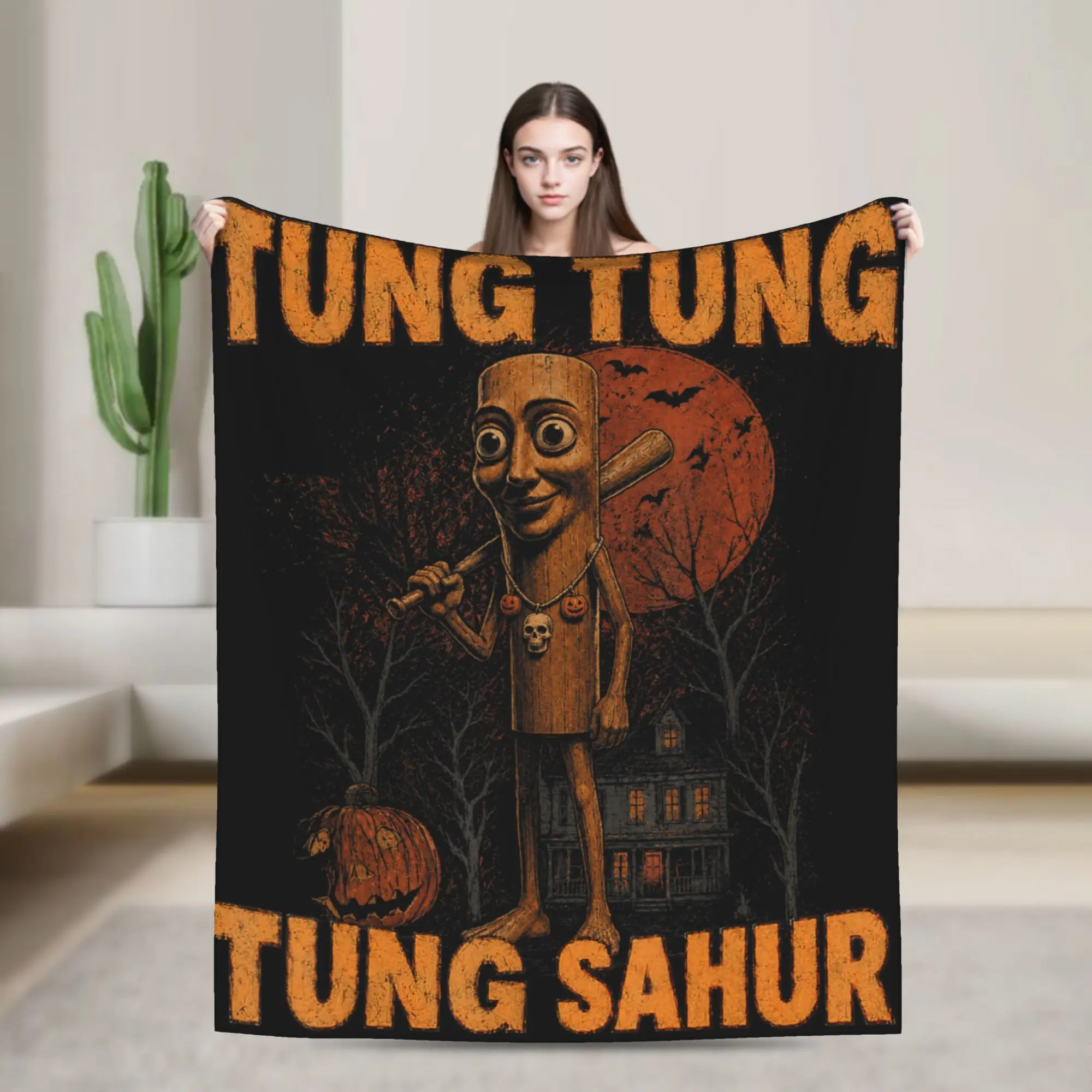 Vintage Halloween Tung Tung Sahur Pumpkin Scary Flannel Blanket Adults Girls Soft Throw Blanket Winter Couch Chair Bedspread