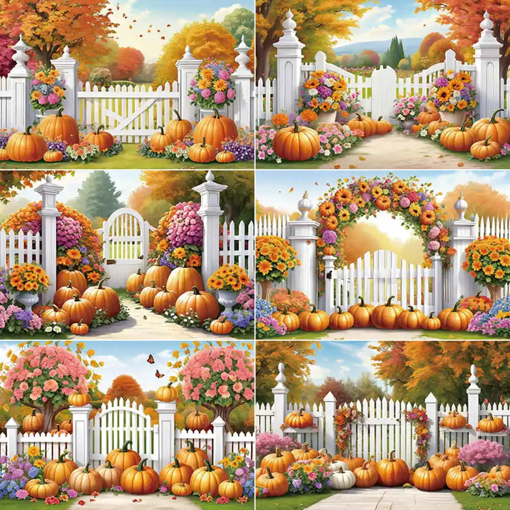 

MOON.QG Autumn Garden Fence Door Portrait Frame Backdrop Thanksgiving Photo Studio Background Home Party Photography Back Drop