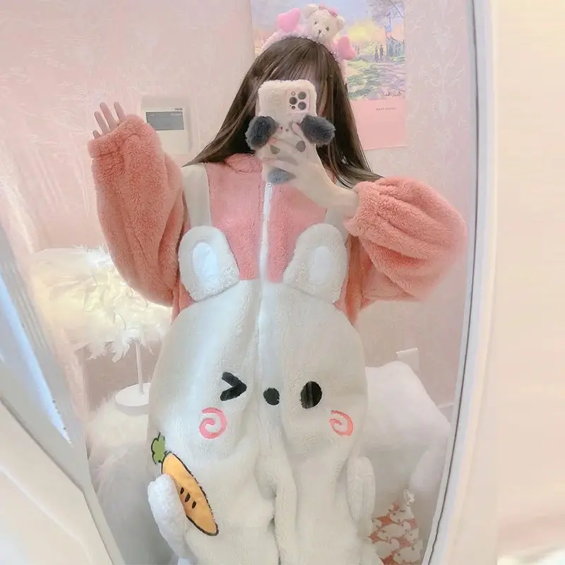 Flannel Rabbit Kigurumi Warm Pajamas Set Anime Cosplay Onesie Women Pyjamas Winter Homewear Girl Animal Costume Party Jumpsuit