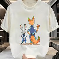 Disney Zootopia Judy Hopps and Nick Wilder Pattern T-shirt - Breathable Round Neck Short Sleeve Print