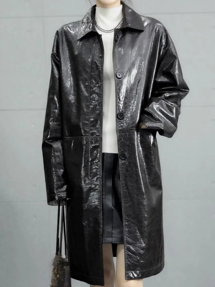 Streetwear Single-Breasted Pocket Solid Color Genuine Leather Trench Jacket Lapel Long Sleeves Loose Ladies Cowhide Coat