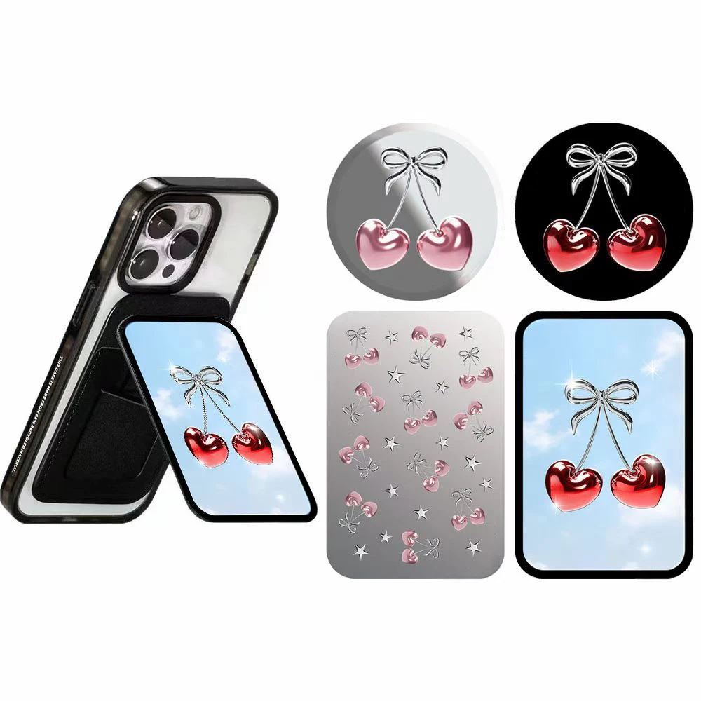 Cherry Bowknot Pattern Magnetic Phone Grip Card Holder Stand for IPhone 13 14 15 16 17 18 Pro Max Case
