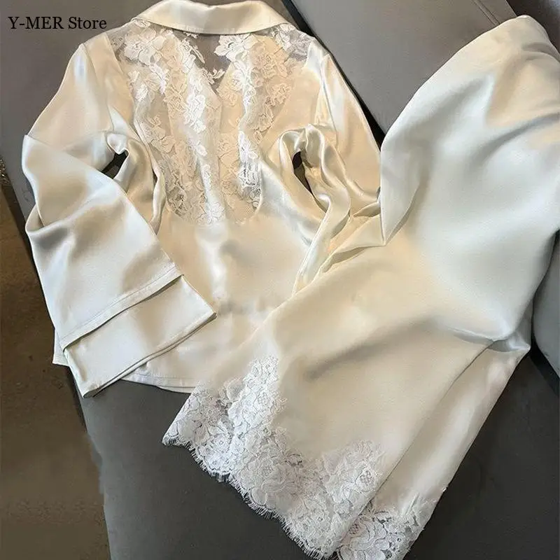 

2025 Summer Autumn New Trousers Set Ice Silk Sleepwear for Women Lace Floral Backless Top Pant 2Pcs Pajamas Loungewear Nightwear