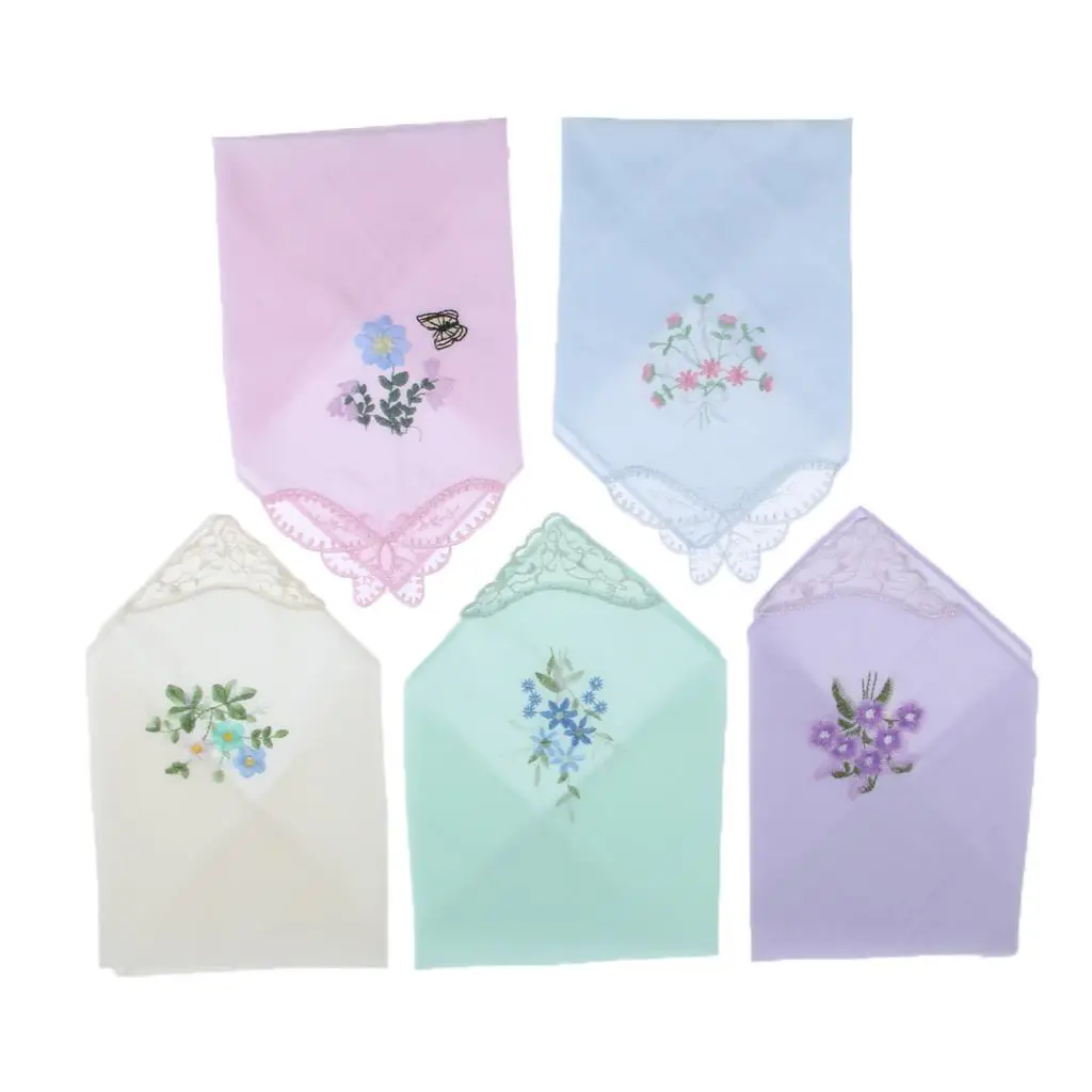 ใหม่สตรีสุภาพสตรีปักลูกไม้ HANKIES HANKERCHIEFS แพ็ค 5 ของขวัญ