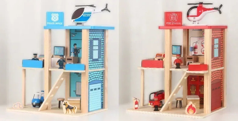 Holz Feuerwache Polizeistation Puppenhaus Hubschrauber Spielhaus Puzzle Interaktives hochwertiges Spielzeug Geburtstagsgeschenk