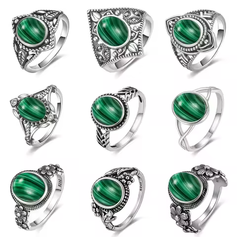 Vintage S925 Sterling Silver Ring Oval Round Natural Malachite Ring Sun And Flower Shaped Retro Fine Jewelry For Women Men