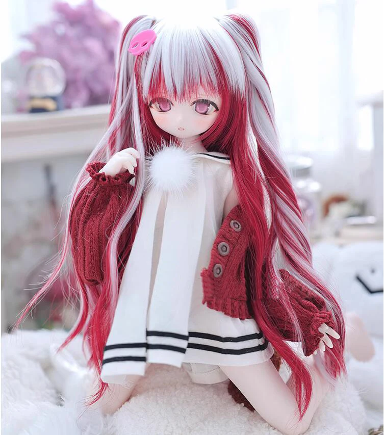 D03-C007 children handmade toy 1/3 doll BJD/SD doll's Accessories mixed red color pink curly double ponytail wig 1pcs - Image 3