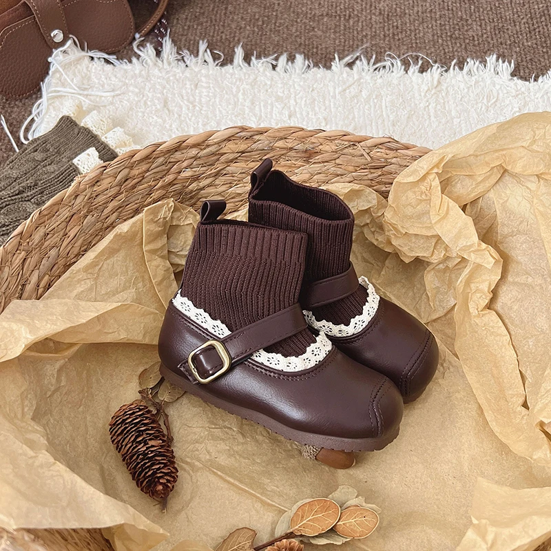 Baby Girls Sock-Style Ankle Boots with Buckle 2025 New Winter Toddler Leather Boots Non-slip Simple Retro School Party Dress Up