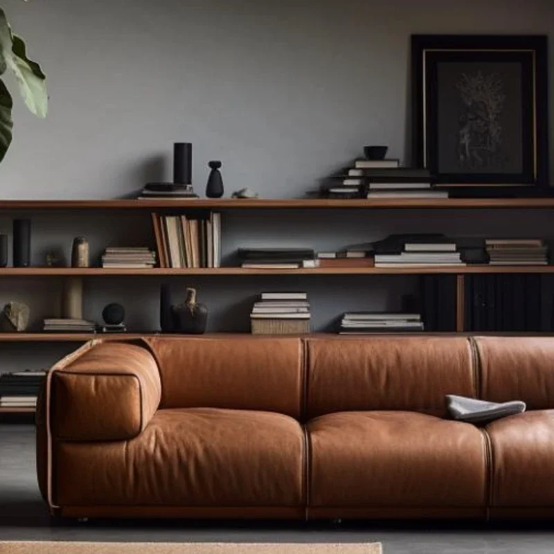 Leather sofa, Italian retro light luxury, large living room, villa in-line
