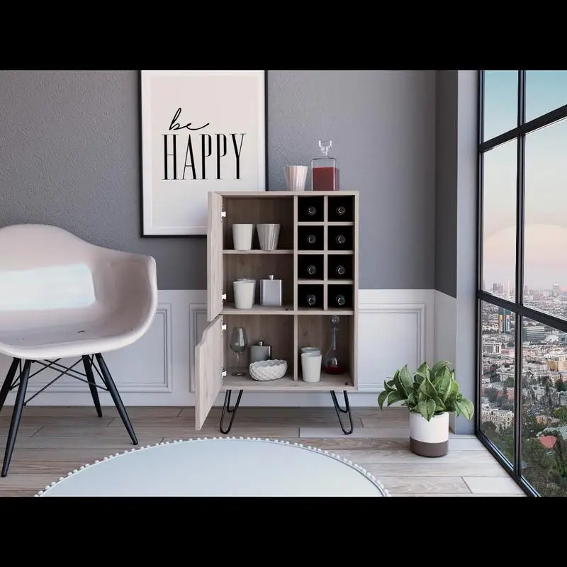 خزانة بار باللون الرمادي الفاتح مع باب واحد، رف نبيذ 8 زجاجات، 4 أرجل، تصميم حديث #2