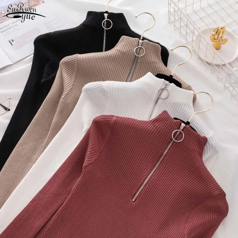 Korean Zipper Hoodie 2024 Autumn/Winter Knitted Long Sleeve Solid Color Women's Slim Fit Elastic Sweater Top 17113