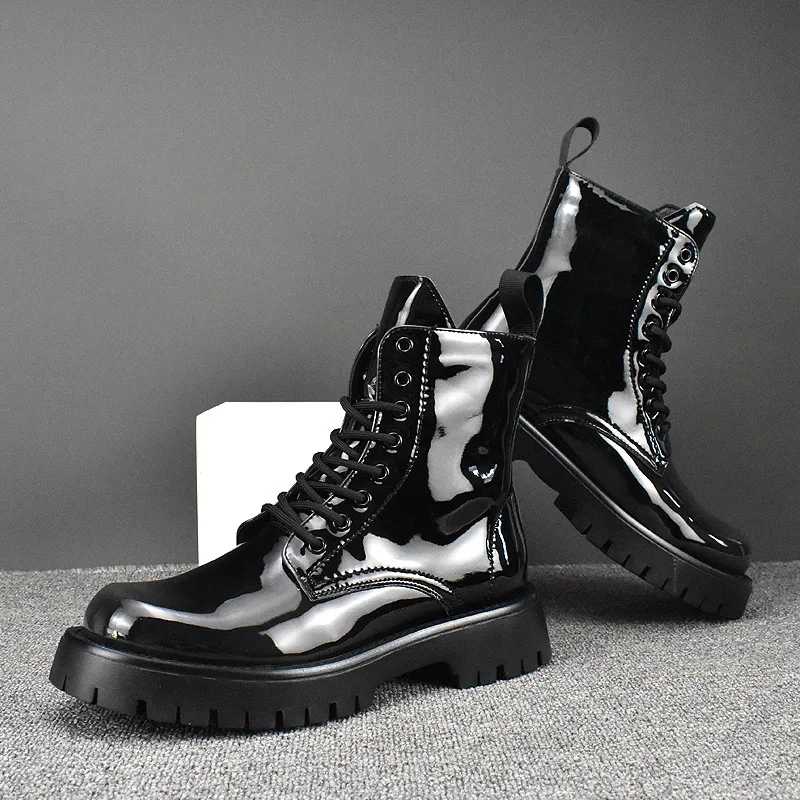 mens fashion patent leather boots black trend platform shoes stage nightclub dress motorcycle boot high top cowboy botas zapatos