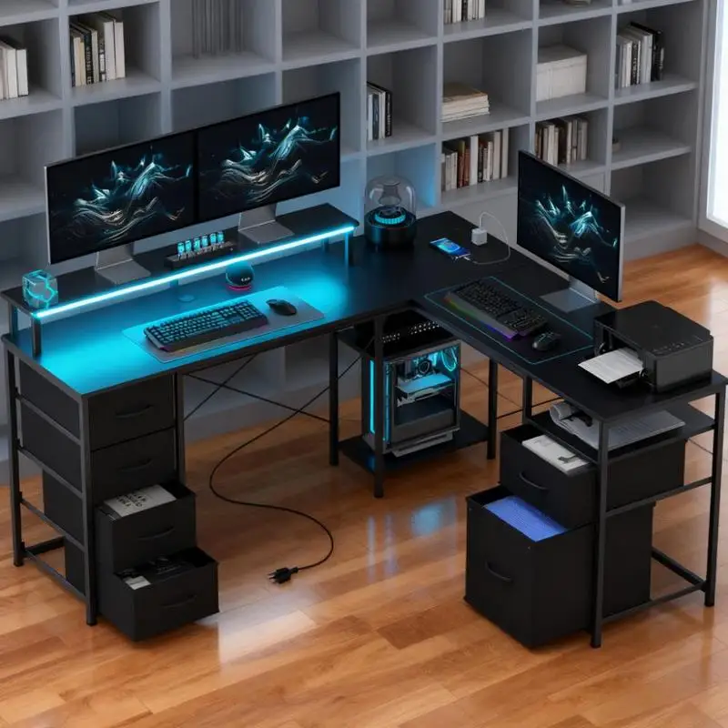 リバーシブルL字型コンピューターデスク、ファイル引き出し、電源コンセント、LEDライト付き、ホームオフィス用