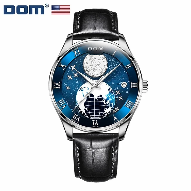 DOM 1675 Quartz Watch Men Blue Fashion Business Wristwatches Waterproof Date Pointer Map Black Leather Clock Male Watches Gift