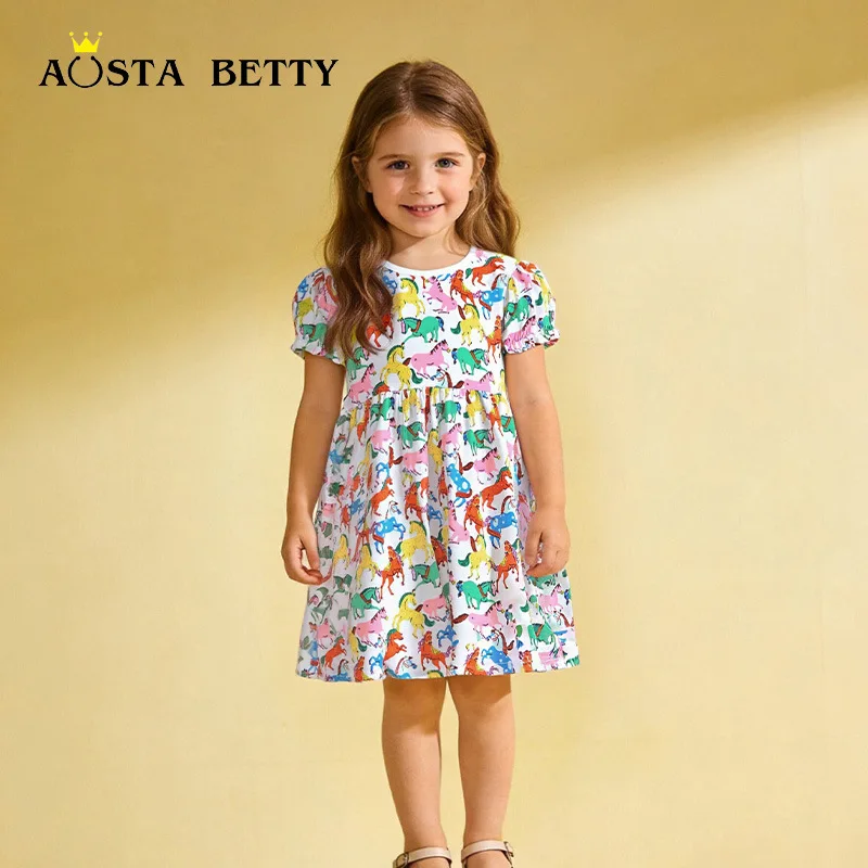 

New Summer Children's Clothing: Round Neck Girls' Dress with Cute Cartoon Print, Short Sleeve Princess Dress for Kids