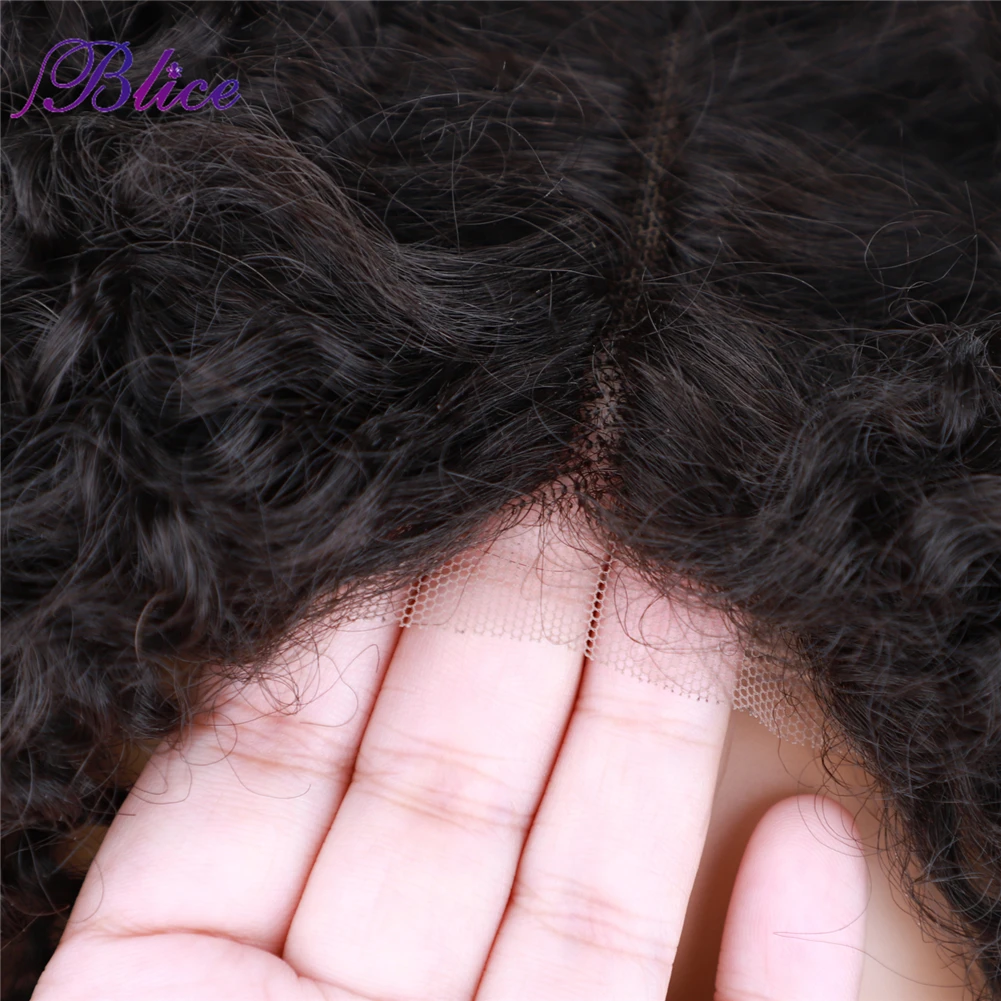 Blice Afro Kinky Curly Middle Part Closure Wig Natural Mixed Synthetic Hair Wigs 16 Inch Black Color For Women