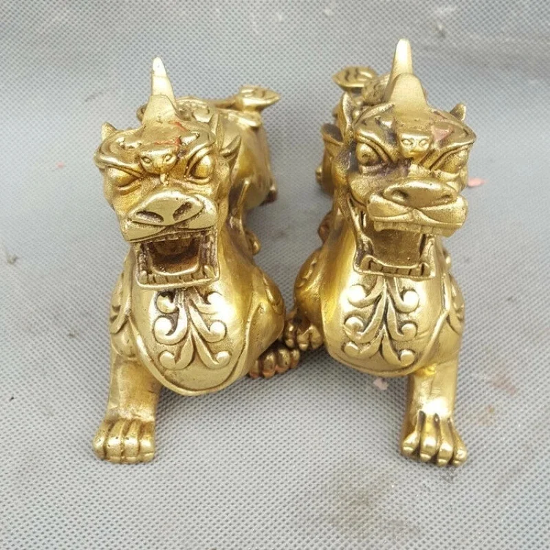 Chinese Feng Shui Brass Unicorn Geely Beast Statue a Pair of