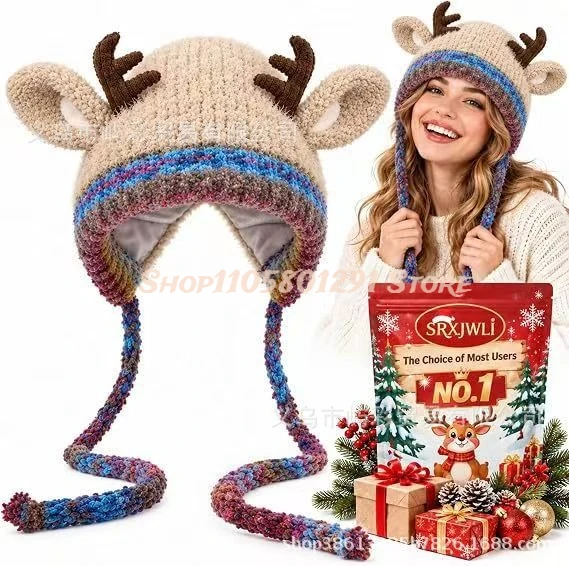 2027 New Fashion Cute Christmas Antlers Plush Soft and Comfy Keep Warm in Autumn and Winter Ear Protectors Knitted Wool Hat
