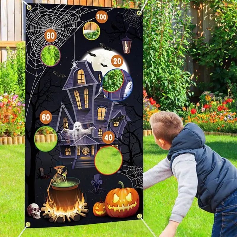 Halloween Bean Bag Toss Game Banner Ghost Pumpkin Decoration Bean Throwing Bag Party Supplies Decor Kids Adults Indoor Outdoor