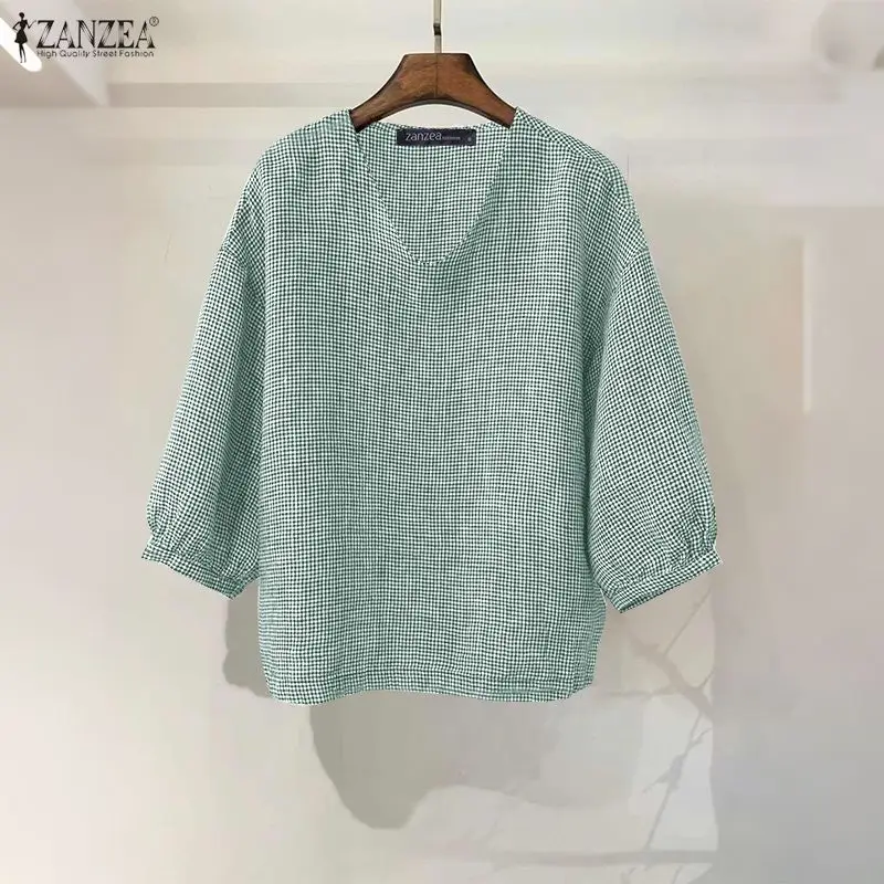 ZANZEA بلوزة كلاسيكية منقوشة موضة النساء على شكل حرف v 3/4 أكمام منتفخة ملابس علوية غير رسمية أنيقة مكتب الشارع الشهير Blusas السيدات تونك